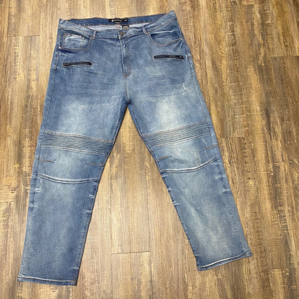 Rocawear Mens Classic Fit Blue Washed Denim Moto Zip‎ Jeans W44